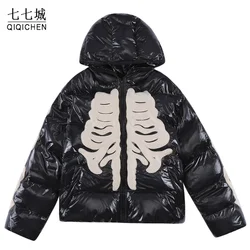 Winter Retro Skeleton Parka Men Bright Jacket Hip Hop Street Harajuku Y2k Thicken Warm Padded Coats Loose Windproof Coat Unisex