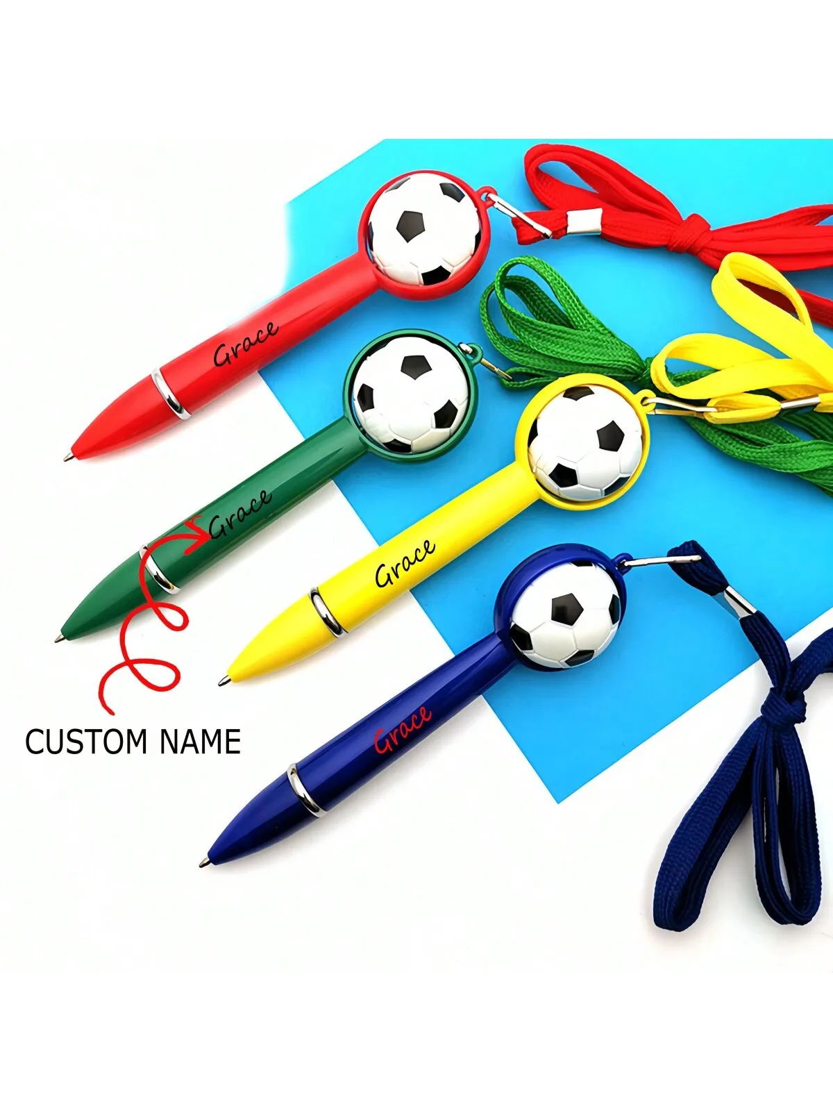 

A creative lanyard ballpoint pen with customizable football and letter designs, twistable lanyard, neck pen, and stationery gift