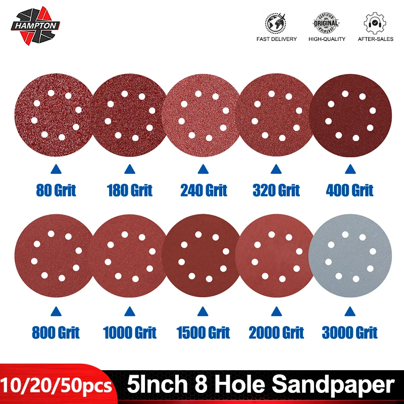 HAMPTON Round Shape Sandpaper 125mm 8 Hole Sand Discs Woodworking Metal Grinding Disc 40/1000/2000 Grit Abrasive Polishing Tool