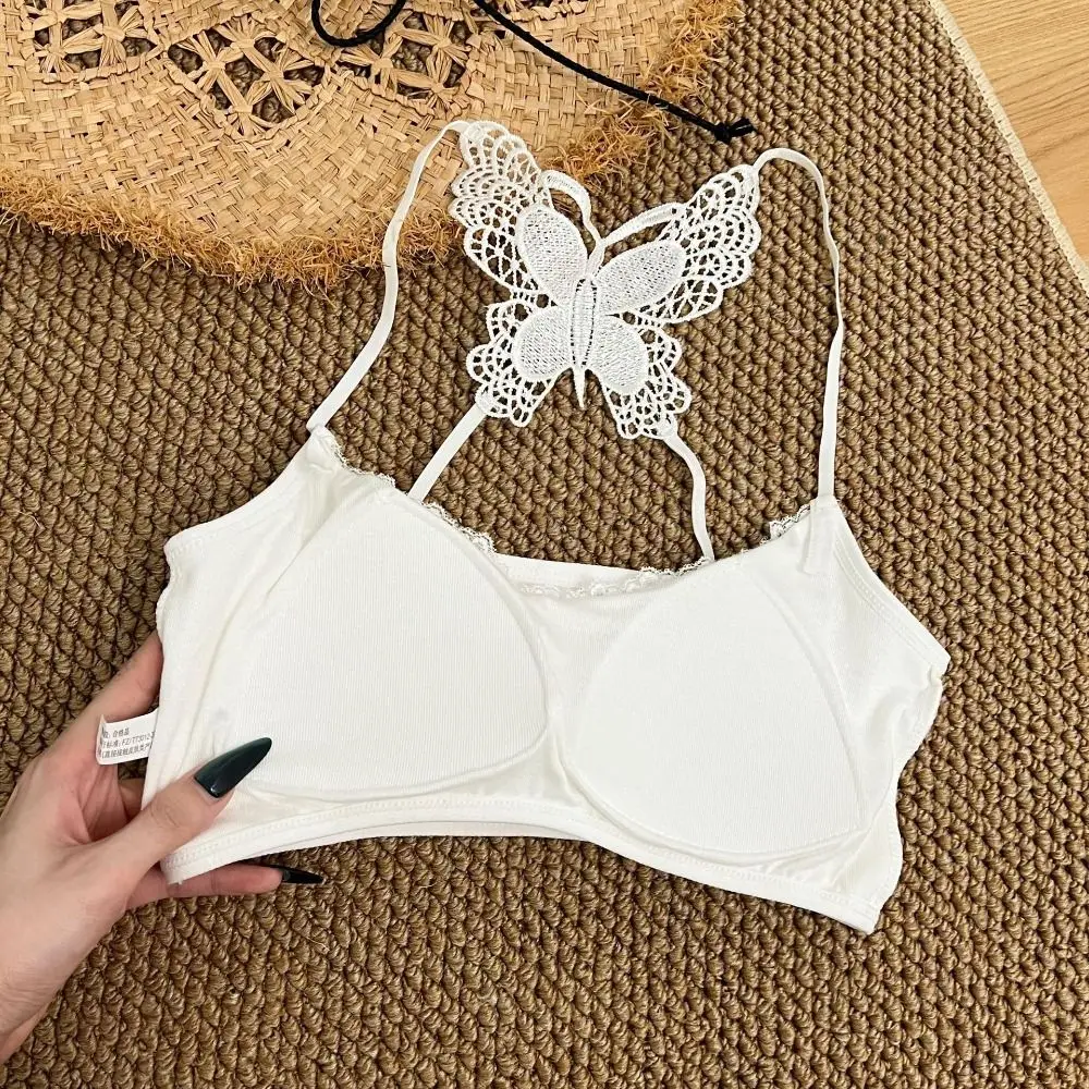 Butterfly Embroidery Backless Butterfly Vest Built In Pad Hollow Out Chest Wrap Top Lace Trim Innerwear Tank Top Daily Innerwear