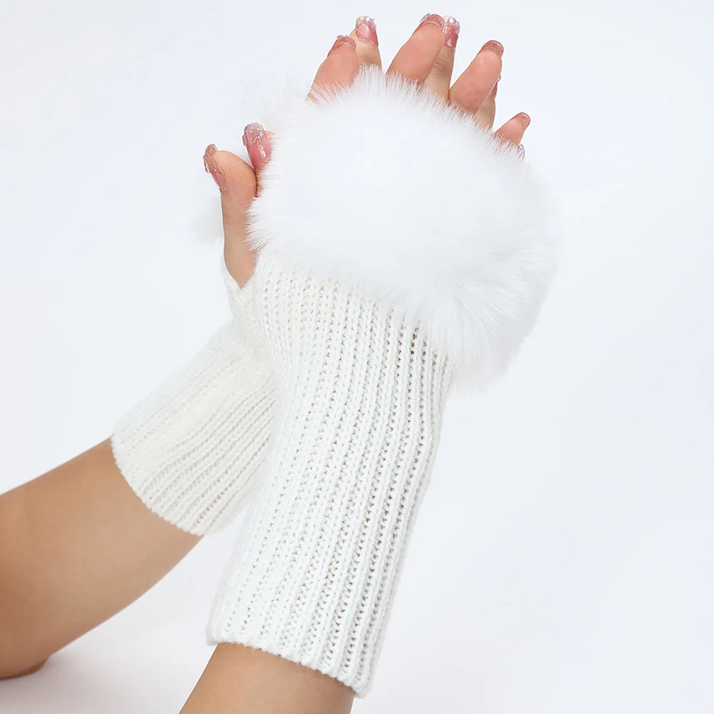 Lady Knitting Faux Fur Arm Sleeves Hand Warmer Half Finger Gloves Autumn Winter Warm Sleeves Fingerless Gloves Outdoor Mittens