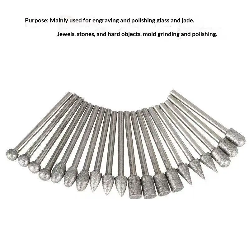 3mm Shank Diamond Grinding Bit Kit 20Pcs Mini Drill Burrs For Jade Stone Carving Polishing Craft Work