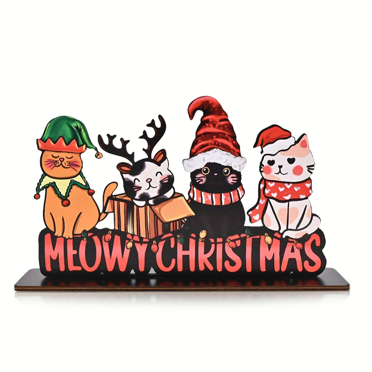 زخرفة خشبية لعيد الميلاد من Meowy - قطط احتفالية متعددة السلالات مع قبعة سانتا وقرون، مثالية لديكور المنزل وحفلات عيد الميلاد