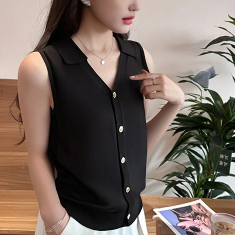 Women's Summer New V-Neck Sleeveless Knitted Vest Lapel Outer Wear Light Versatile Temperament Suspender Top