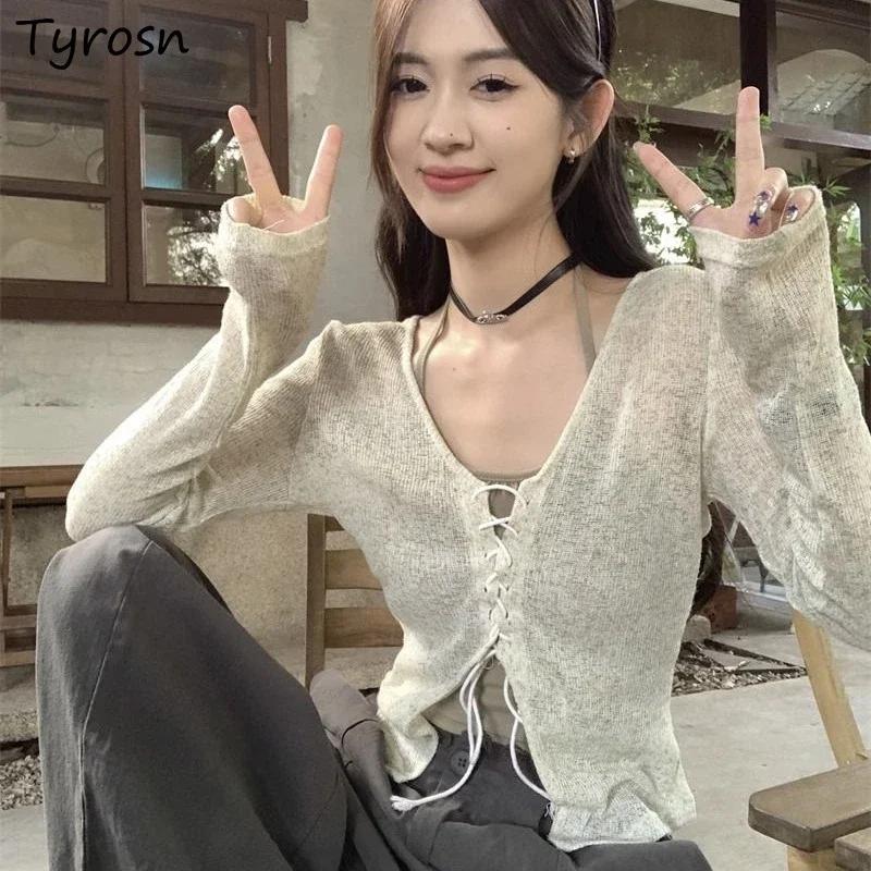 

Hotsweet Cardigan Women Bandage Thin Sunproof Long Sleeve Solid Slim Short Outerwear Spring Autumn Design Simple All-match Chic