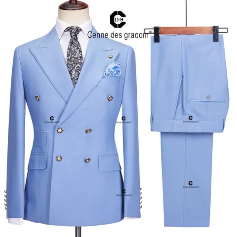 Cenne Des Graoom 2024 하늘색 남성용 세트 더블 브레스트 투피스 세트, 슬림핏 하이 퀄리티 웨딩 파티 사무실 데일리 코스튬