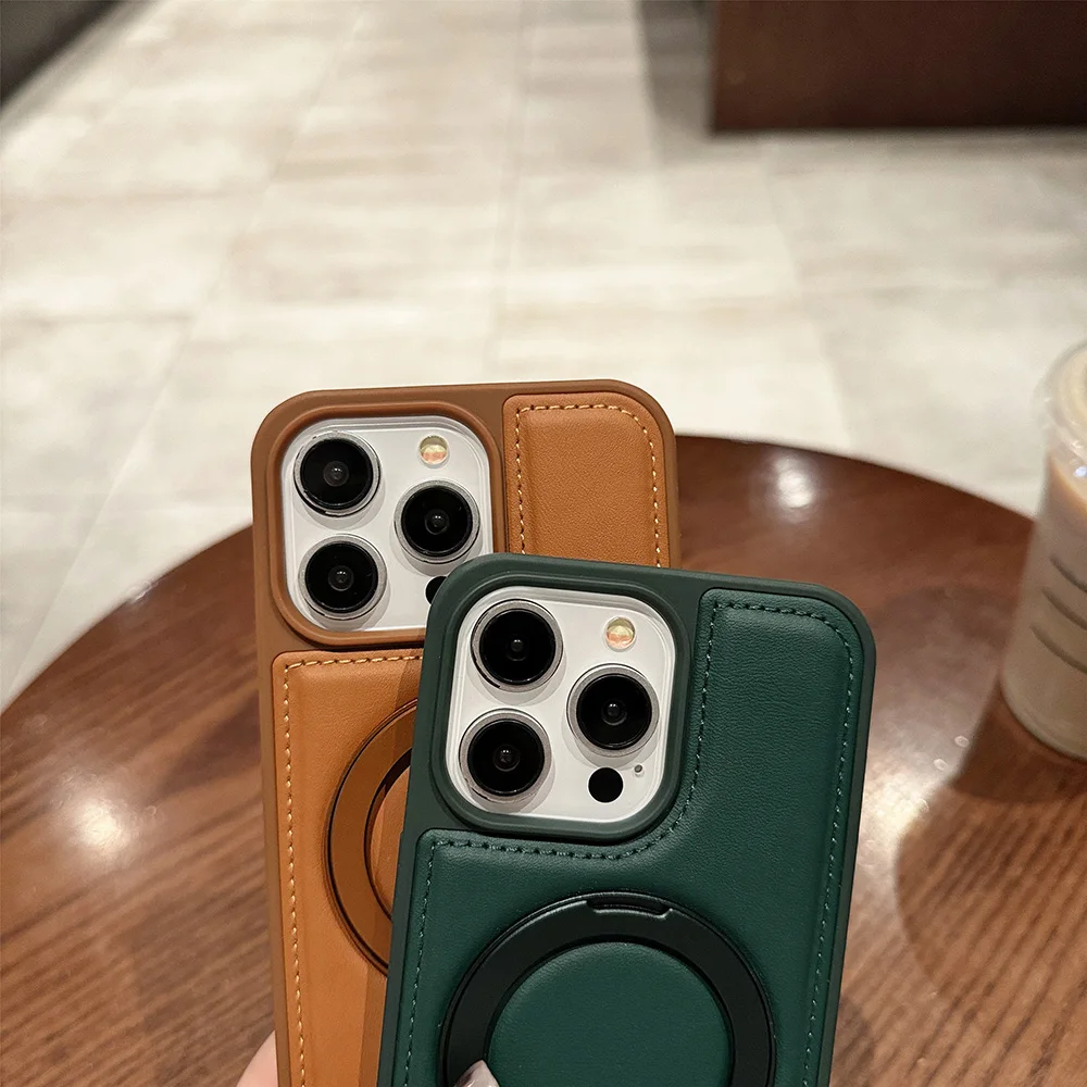 PU Leather Magnetic Case for Apple iPhone 17 Air 16 15 14 13 12 Pro Max With Foldable Ring Kickstand Stand for Magsafe Charger view 4