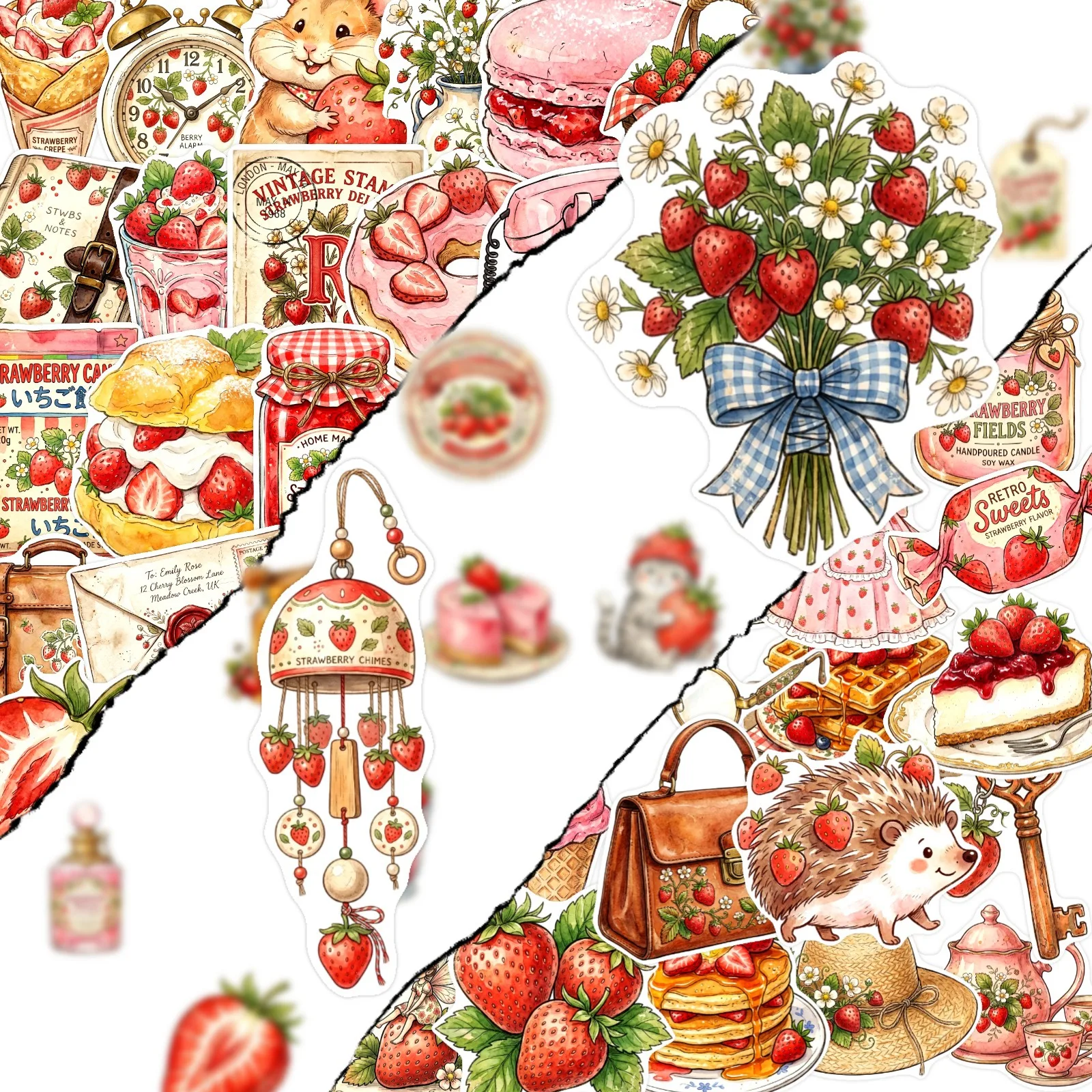 50 PCS Pink Strawberry Dessert Beautiful Garden Theme Stickers Hand Account Decorate Waterproof Notebook Water Cup Decals