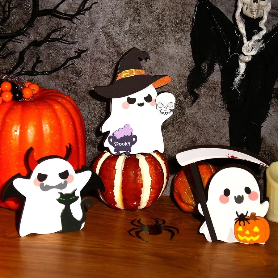 ของตกแต่งฮาโลวีนรูปผีตลก 3 ชิ้น ของตกแต่งภายในบ้านสุดหลอนสำหรับวางบนโต๊ะและถาดวางของ ของตกแต่งฟักทองรูปผีน่ารักสองด้านสำหรับงานปาร์ตี้หรือตกแต่งบ้าน