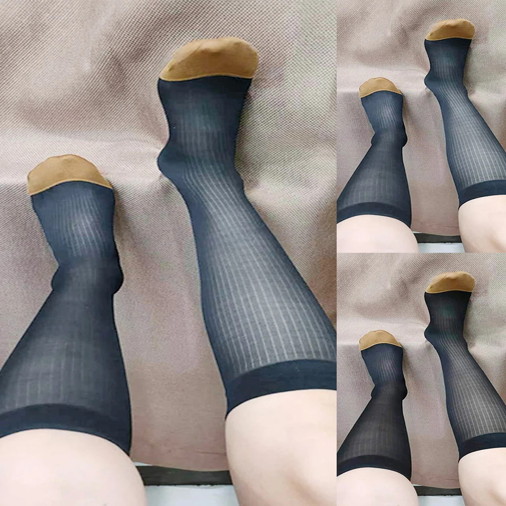 1 Pairs Lot Men's Sexy Knee High Long Striped Silk Sheer See Through Dress Socks Business Breathable Comfortable Sensual Socks