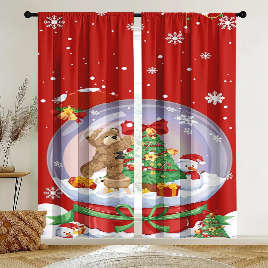 2PCS Christmas Winter Curtains, Snow Globe Teddy Bear Tree, Digital Print, Bedroom Living Room, Rod Pocket Polyester, Home Decor