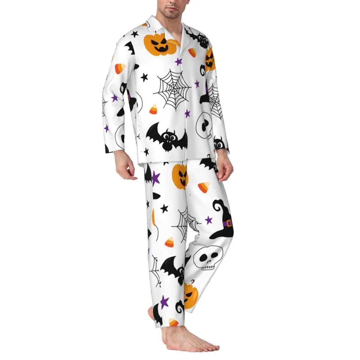 Men Pajamas Set of Autumn Winter Long-Sleeved Skull Bat Pumpkin Witch Hat Home Clothing Sleepwear 2PCS/Set