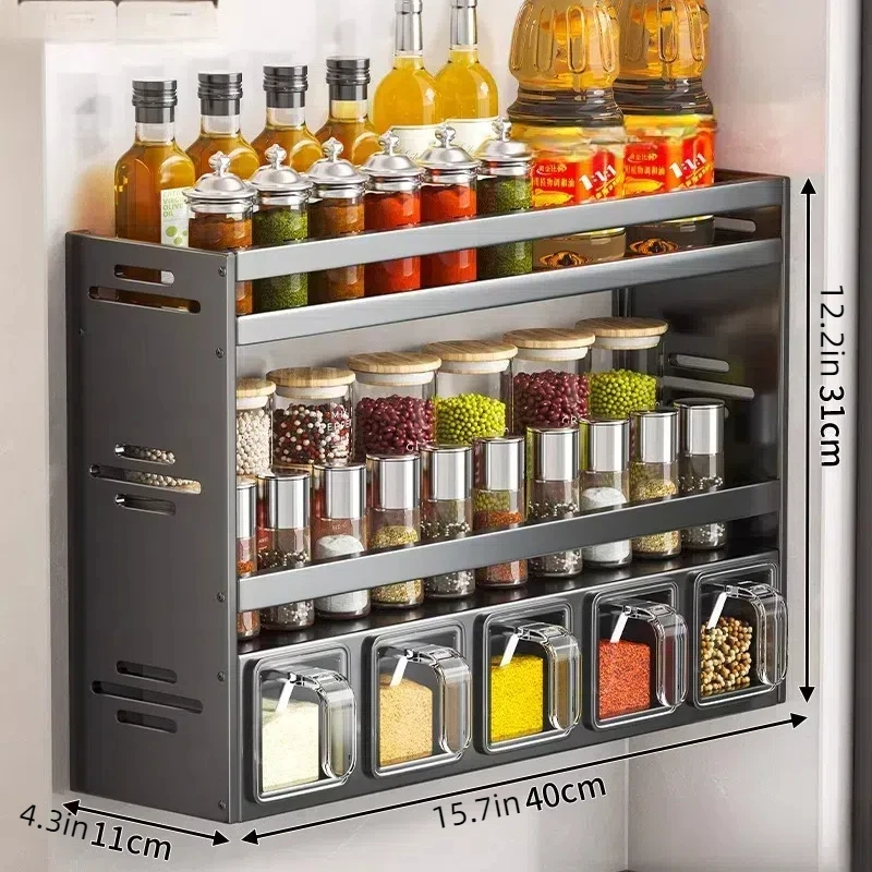 Multi-functional perforation-free wall hanging kitchen seasoning box storage rack set storage rack