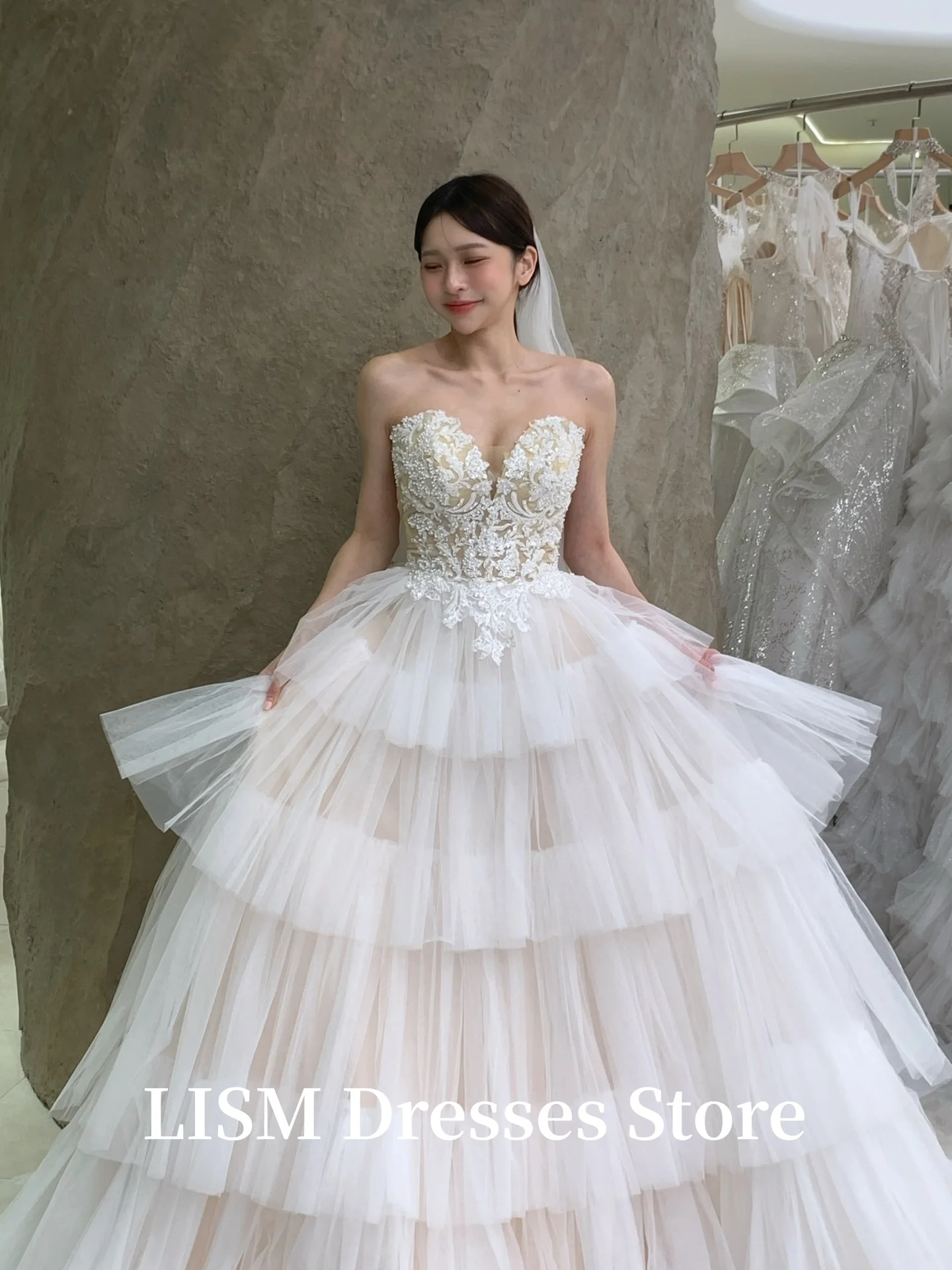 LISM Tiered A-Line Sweetheart Korea Wedding Dresses Photo Shoot Silk Tulle Lace Long Elegant Bridal Gowns Customized 웨딩드레스