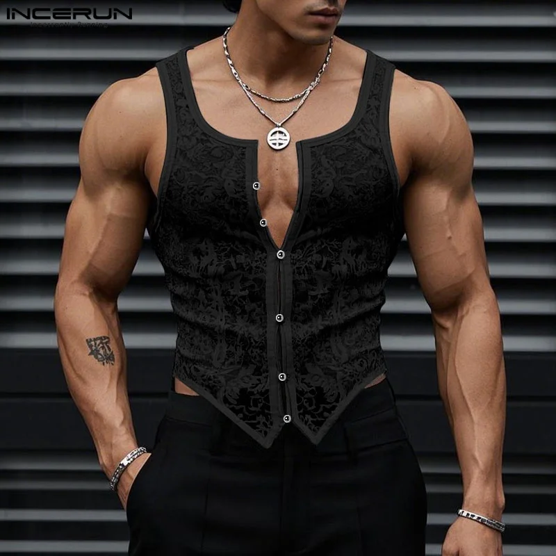 INCERUN Men Tank Tops Lace Transparent Summer O-neck Sleeveless Irregular Vests Men Streetwear 2025 Fashion Men Clothing S-5XL