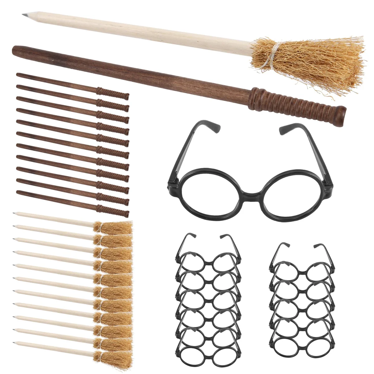 Witch Broom Theme Party Supplies, Lápis e varinhas, Lápis e óculos, Frame redondo, sem lentes, Wands Assistente, 36 pcs