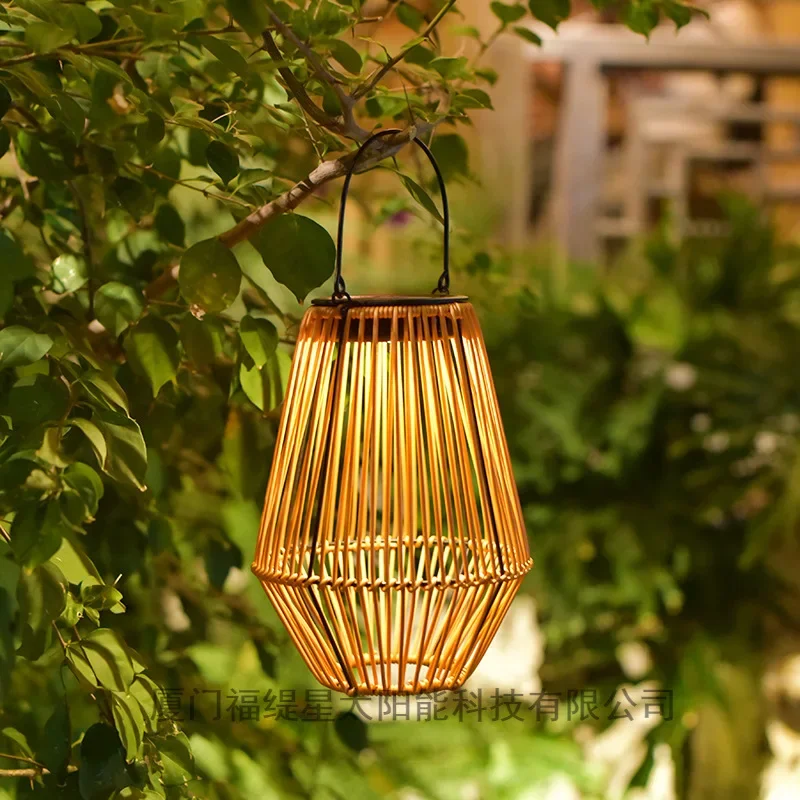 Outdoor Solar Courtyard Portable Lamp Outdoor Chinese Style Vintage Ornament Garden Terrace Atmosphere Rattan Woven Hanging Lamp