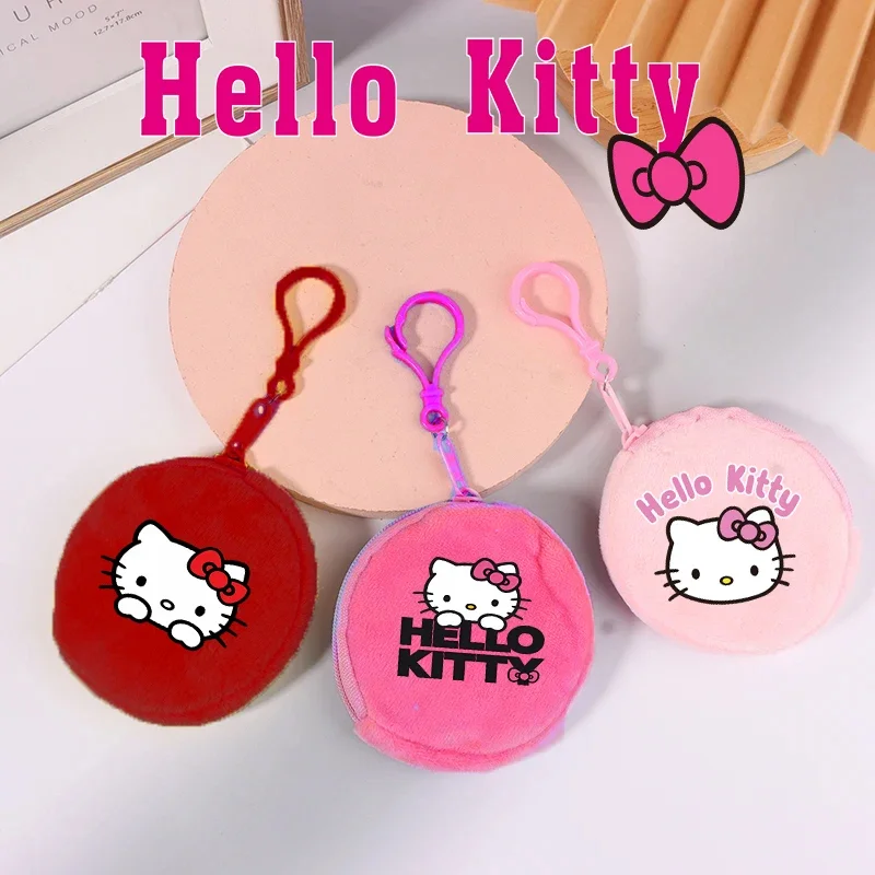 Hello Kitty Round Coin Purses Anime Cartoon Plush Wallets Children Mini Zipper Storage Bag Boys Girls Small Money Bags Key Pouch