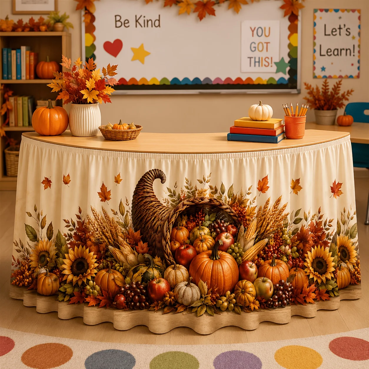 1 tablecloth table skirt, elephant basket, pumpkin, sunflower, maple leaf, fruit, wheat, tablecloth, autumn, Thanksgiving
