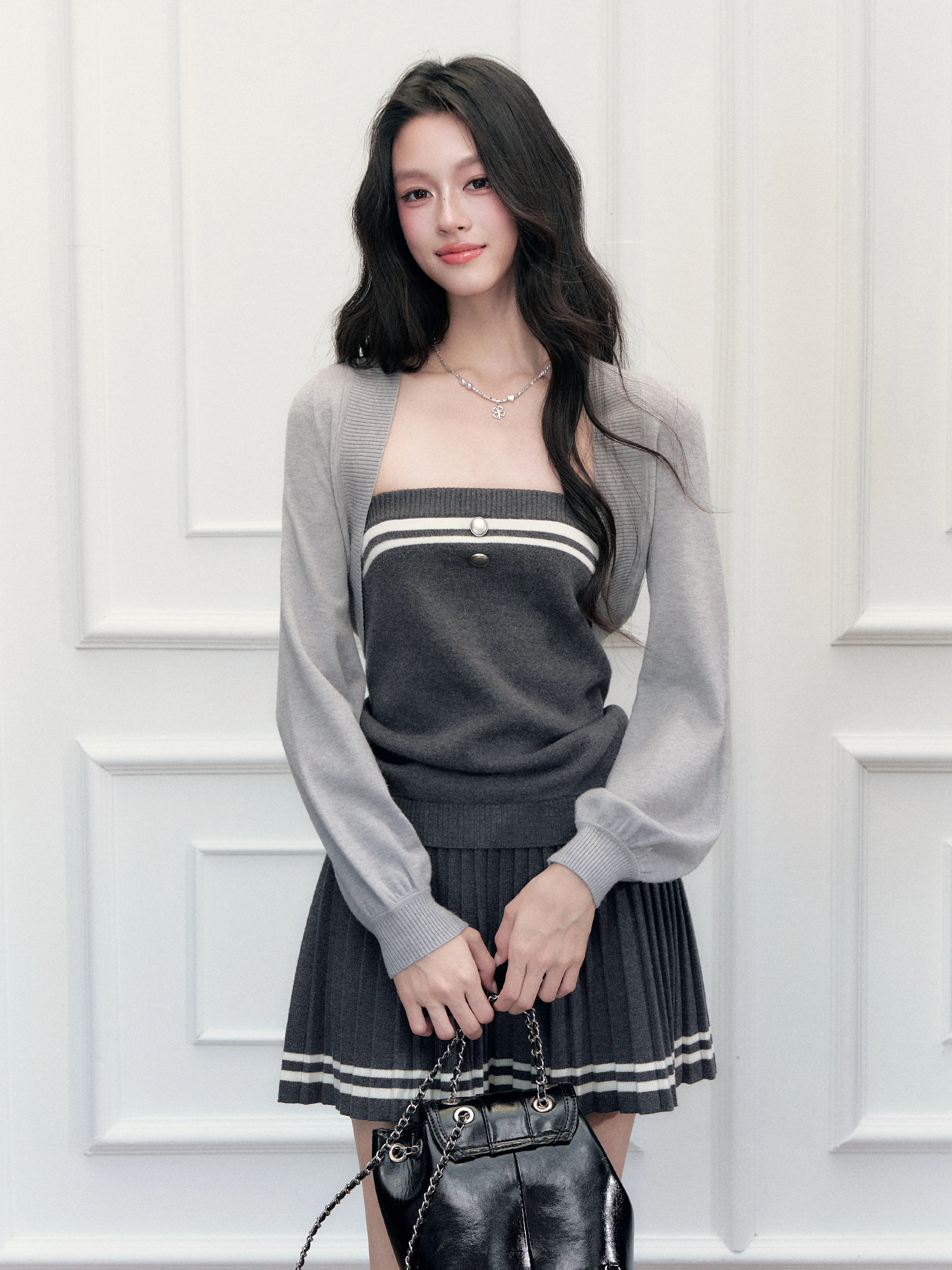 Fragile Heart Grey Stripe Knitted Vest And Short Skirt Set College Style Three Piece Suit Women's Fashion Autumn Outfit