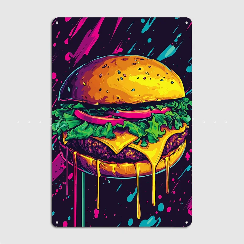 Colorful Burger with Dripping Cheese Vintage Poster Metal Sign Custom Bedroom Room Decor Home Decor Posters Wall Decoration