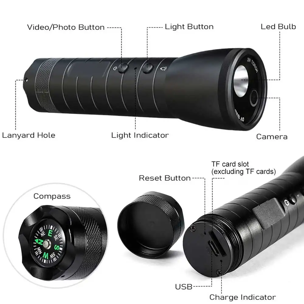 E2 Powerful 2-In-1 Flashlight With Camera Recording Function Night Vision Strong Light High-Definition 1080p For Outdoor Cycling