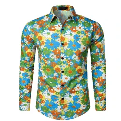 Anime Mens 70s Disco Hip Hop Casual Button Down Paisley Floral Vintage Long Sleeve multi-colored printed summer Shirt for adult