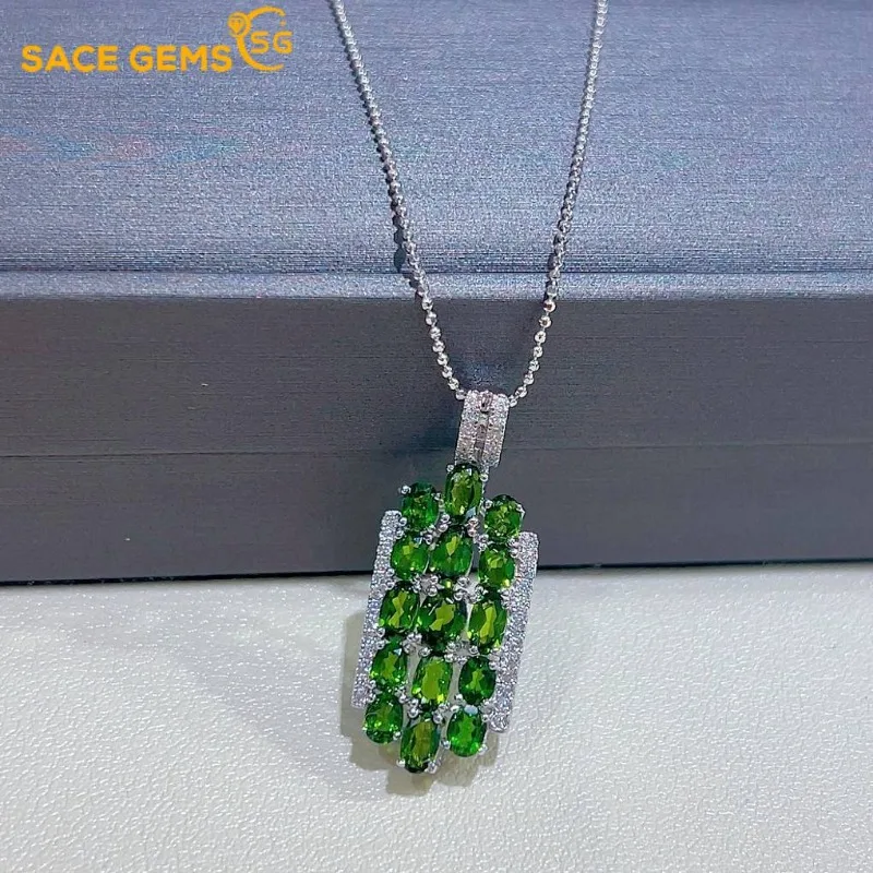 

SACE GEMS New 925 Sterling Silver Raw 4*5MM Natual Diopside Pendant Necklace for Women Engagement Cocktail Party Fine Jewelr