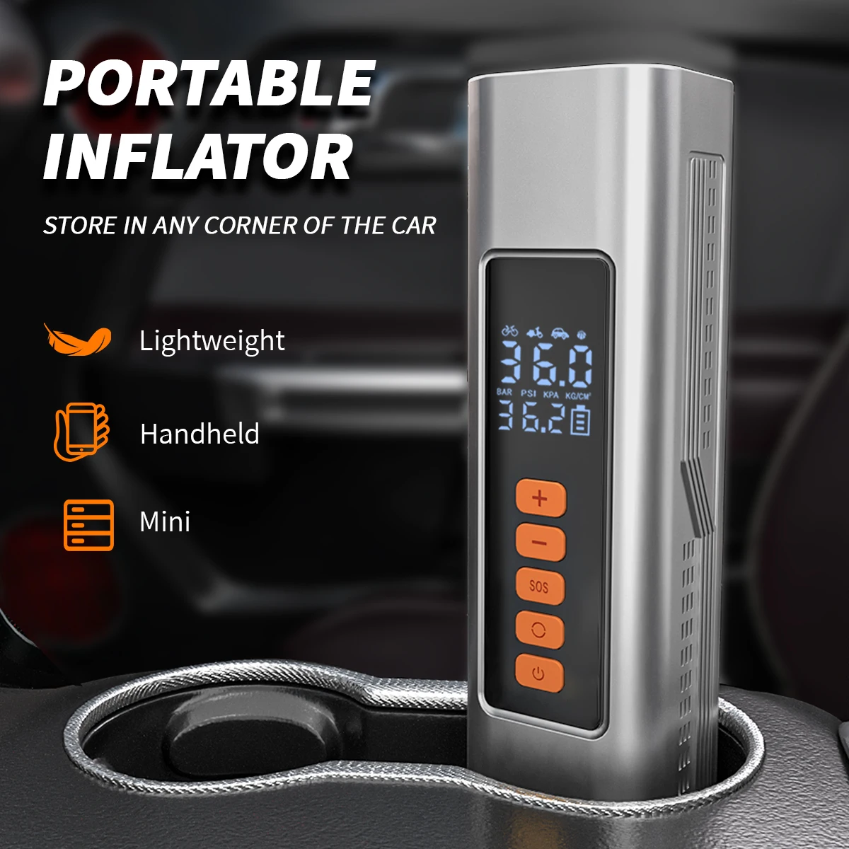 

Портативный автомобильный беспроводной насос для накачивания шин 150psi, USB-зарядка, светодиодное освещение, воздушный компрессор для мотоцикла, велосипеда и мяча