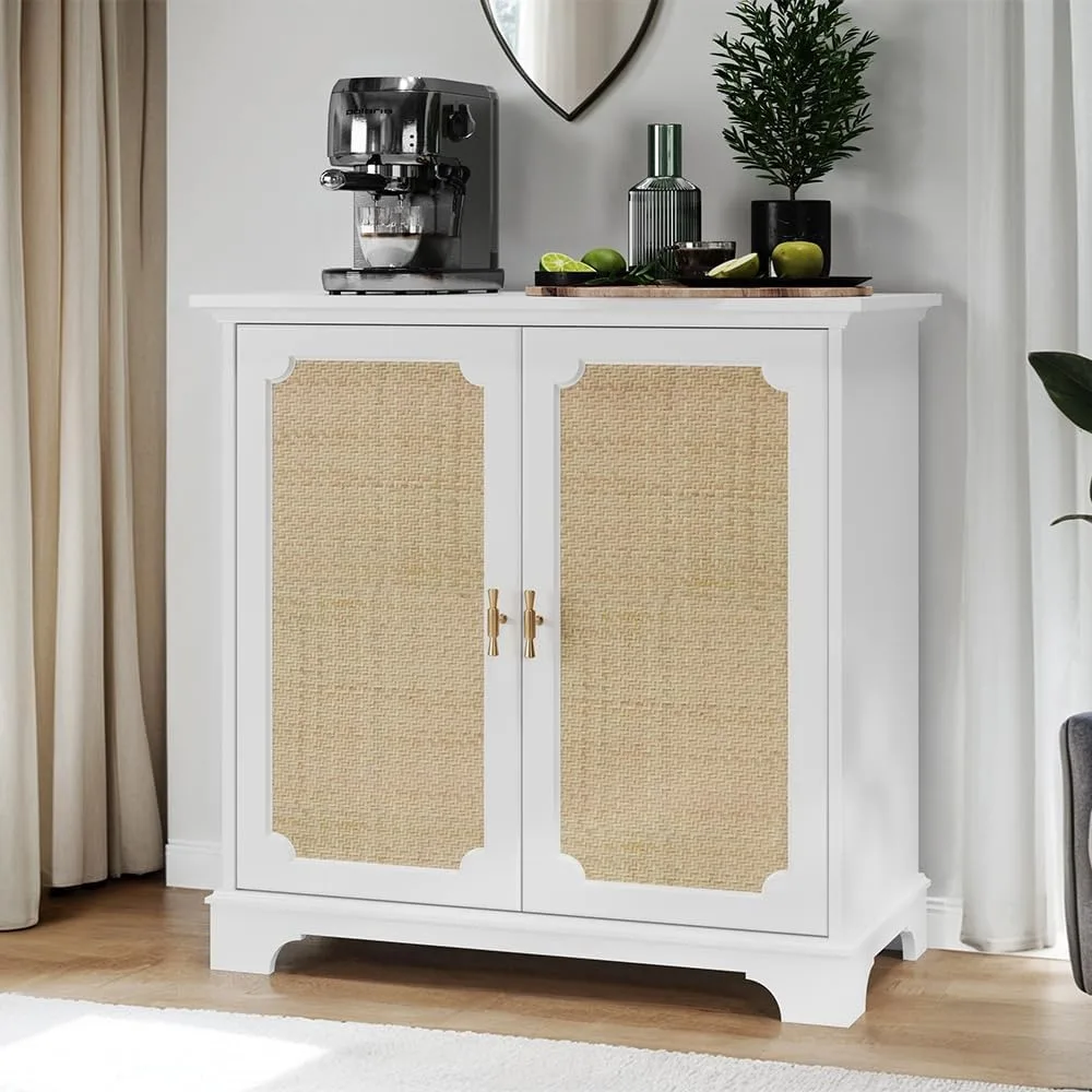 

Rattan Storage Cabinet with 2 Doors, Modern Sideboard Buffet with Storage Shelf, Accent Cabinet with Gold Handle for Entryway
