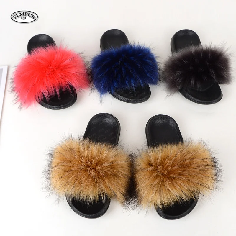 Women's Summer Faux Fur Fox Fur Slippers Fashion Luxury Indoor and Outdoor Non-Slip Solid Color Flat Bottom Furry Sandals