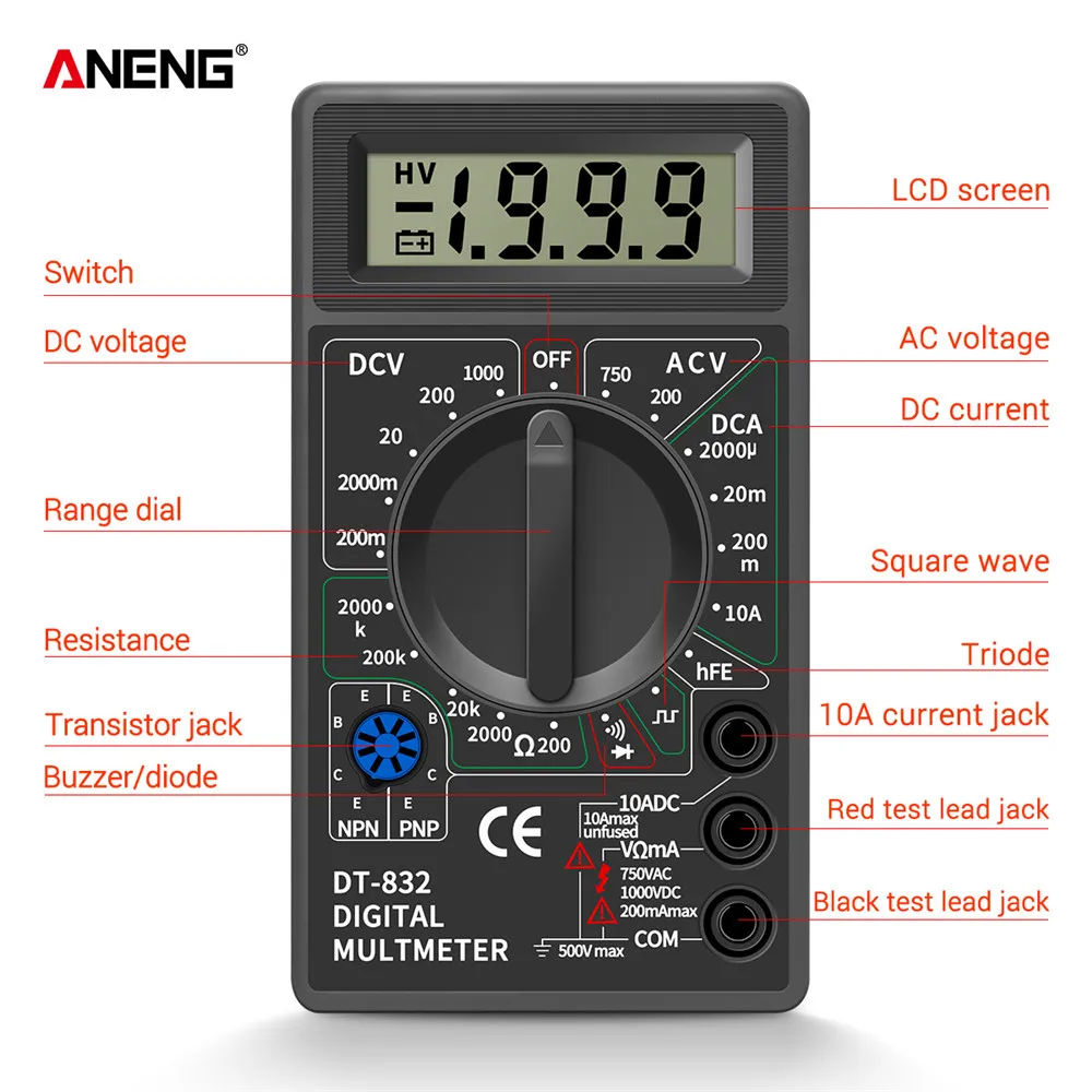 AMITOU DT-832 Digital Professional Multimeter Electric Voltmeter Ammeter AC/DC Voltage Meter Ohm hEF Square Wave Tester Tools