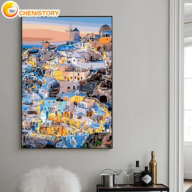 

CHENISTORY Painting By Numbers Santorini Village Landscape Kit Home Decor Pictures By Number Drawing On Canvas HandPainted Gift