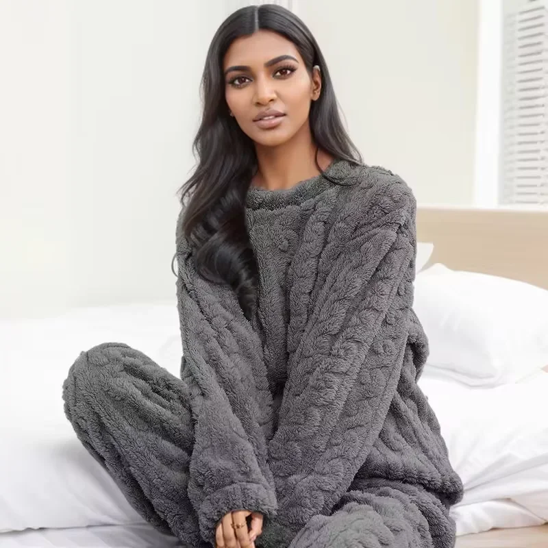 Autumn Winter Women Solid Warm 2 Piece Sets Thicken Velvet Ribbed Fleece Set Pullover And Pants Women Casual Pajama Sets 2024