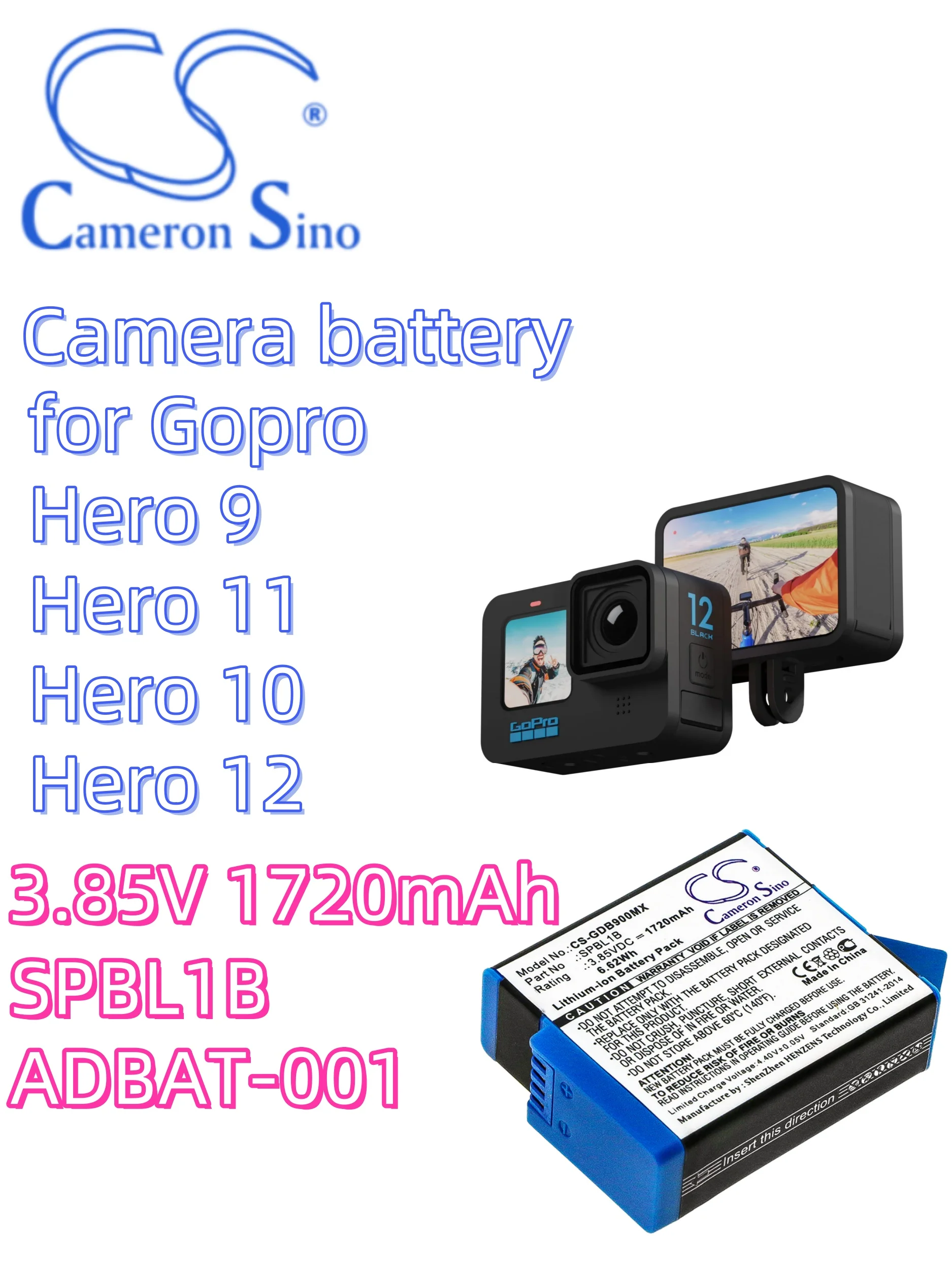 Battery Cameron Sino Camera 3.85V 1720mAh for Gopro Hero 9 AHDBT-901 Hero 11 Hero 10 Hero 12 SPBL1B ADBAT-001 ADBAT-011