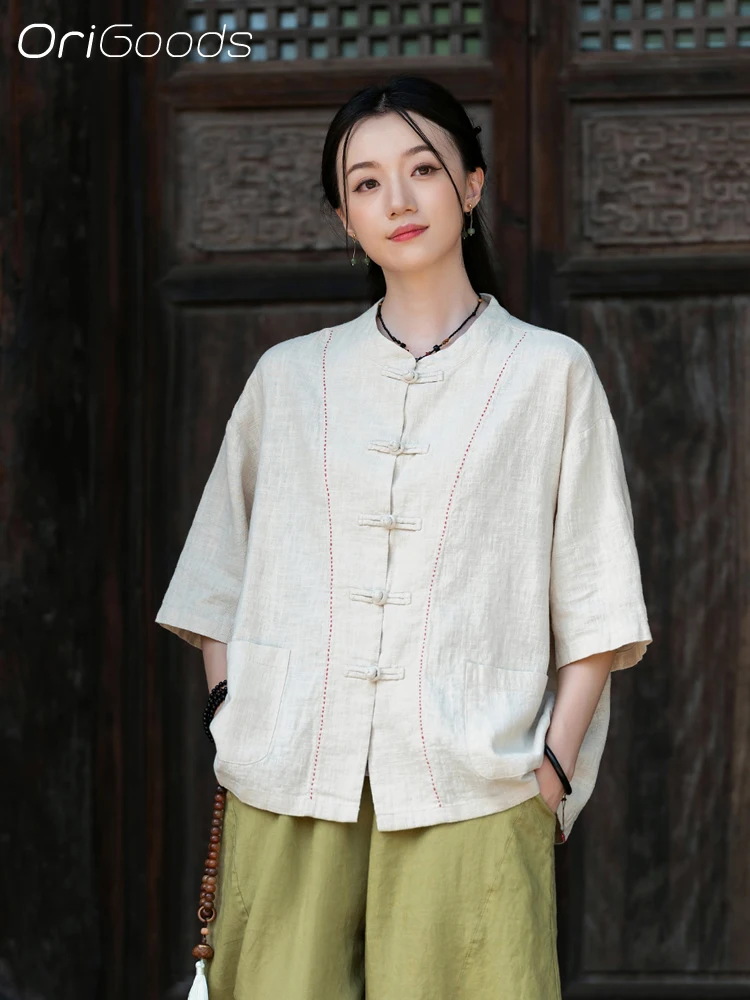 

OriGoods OVERSIZED блузка высокого качества из хлопка рами, летняя рубашка для женщин, новинка 2025, китайская винтажная одежда в стиле дзен, верхняя рубашка C135