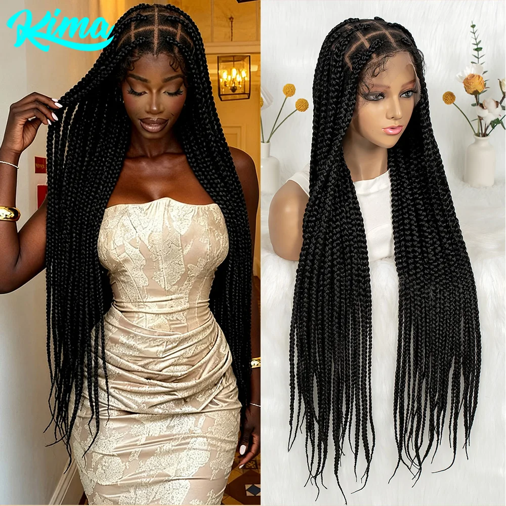 Perruques tressées synthétiques sans nœuds de 36 pouces, perruques Full Lace Front naturelles tressées pour femmes noires