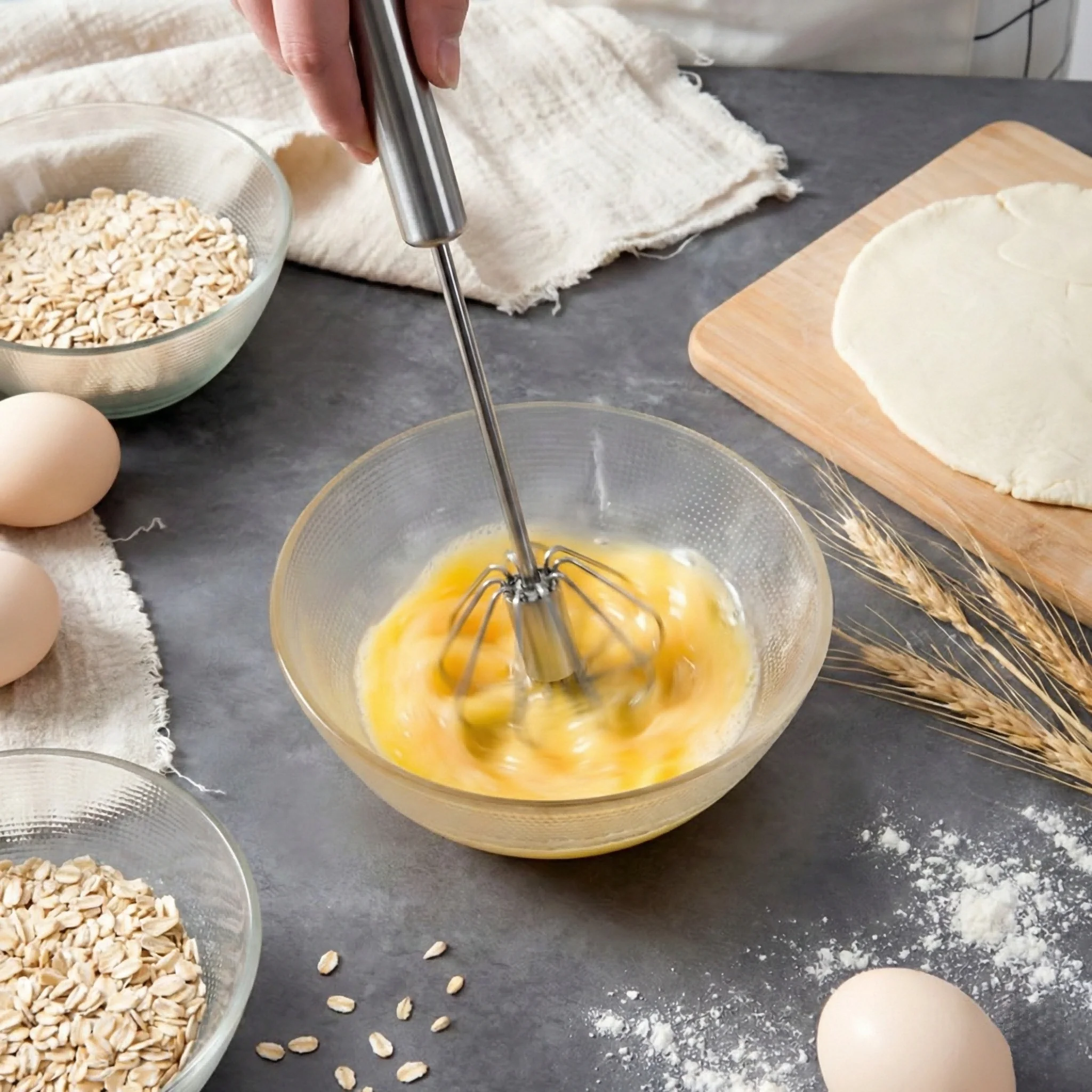 

32×6cm Semi-Automatic Stainless Steel Whisk - Thickened Detachable Handle Egg Beater, Smooth Rotating Design for Baking