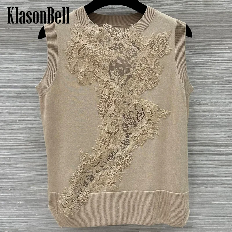 8.26 KlasonBell Women's Sexy Sheer Lace Embroidered Flower Knit Tank Top Round-Neck Sleeveless Soft Cotton Blend Knit Vest