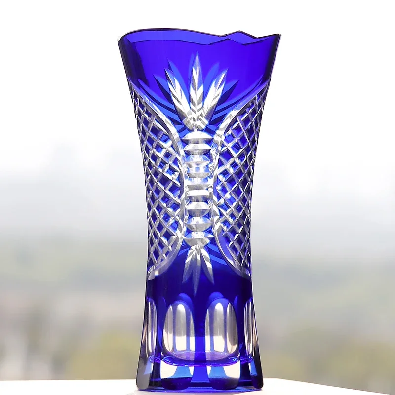 Hand-carved Blue Glass Small Western Vase Japanese Edo Cut Ko Vase Home Decoration Glass Crafts