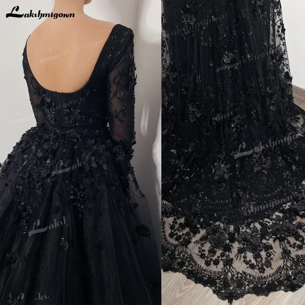 Shiny Black Gothic Elegant 3D Floral Beaded Wedding Dress Open Back Train Tulle Gown Long Sleeves Detachable Skirt Brautkleider