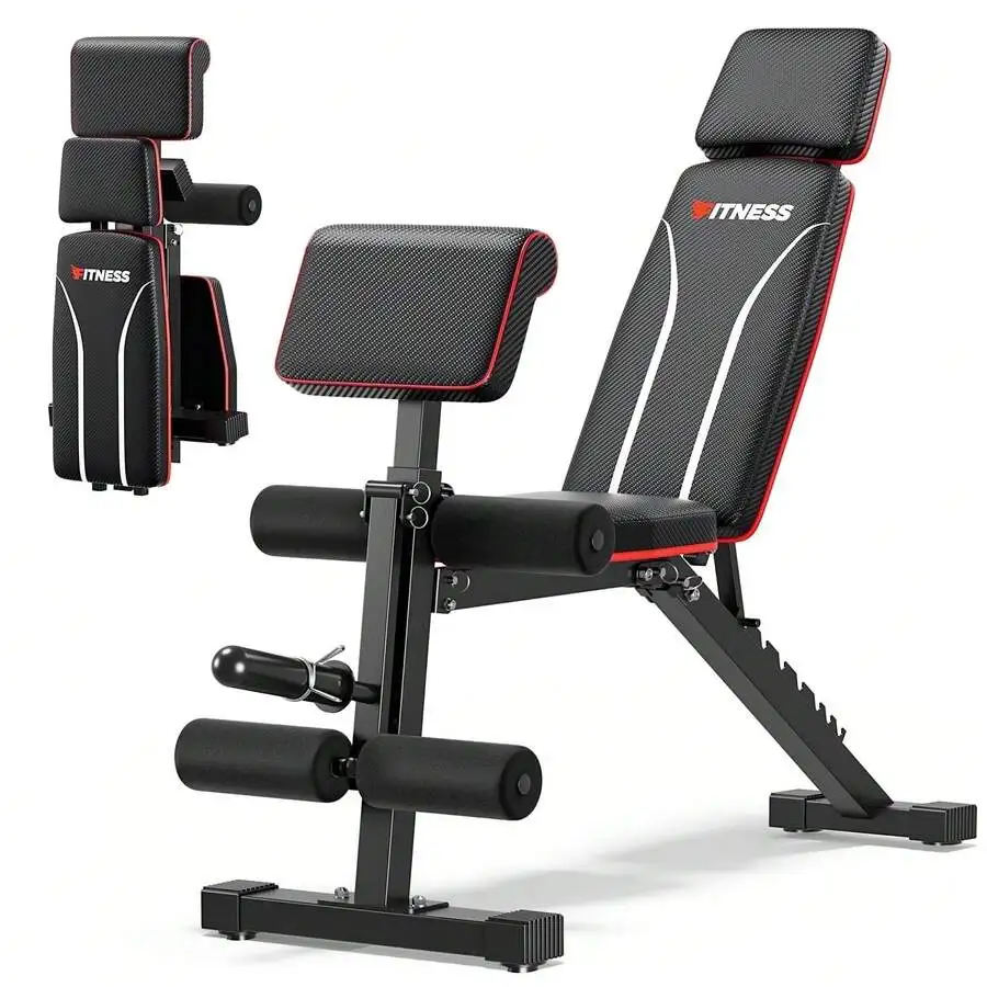 7 Positions Adjustable Weight Bench With Extended Headrest & Preacher Curl, Foldable Workout Bench Weight Bench For Home Gym Full Body Strength Training, Support Up To 800lbs