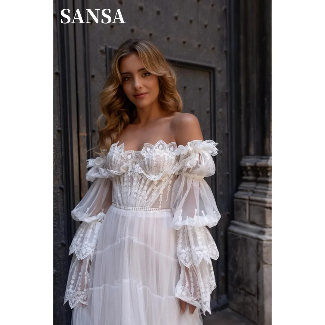 Sansa Gong Tingfeng Lace Trumpet Sleeve Wedding Dress Boho Point Lace Vestidos De Novia Elegant Off Shoulder Robe De Mariée