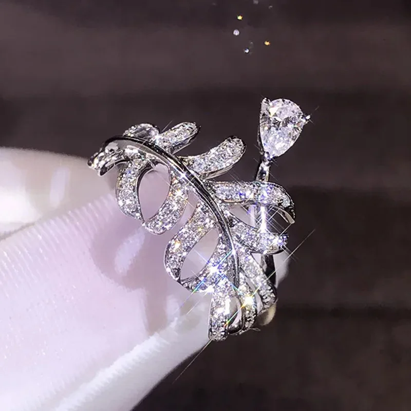موضة 925 فضة ليف على شكل خواتم النساء الفاخرة Waterdrop زركونيا مزاجه سيدة اكسسوارات مجوهرات حفلات الزفاف #2
