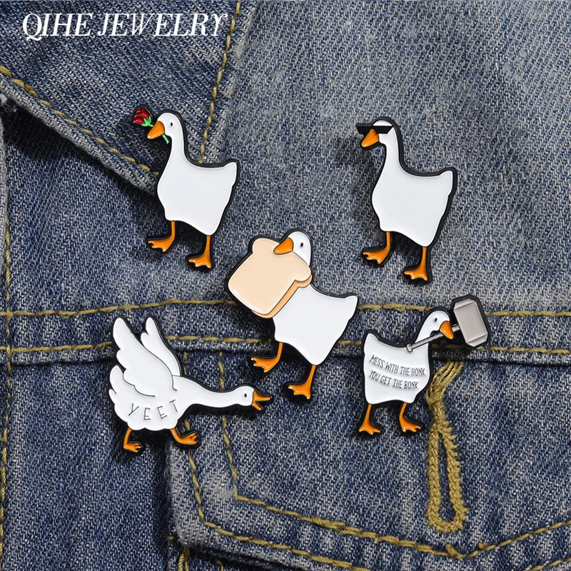Cartoon Action Simulation Goose Game Badge Enamel Pins Funny Cool Goose Holding Bread Rose Hammer Brooch Jewelry Game Fans Gift