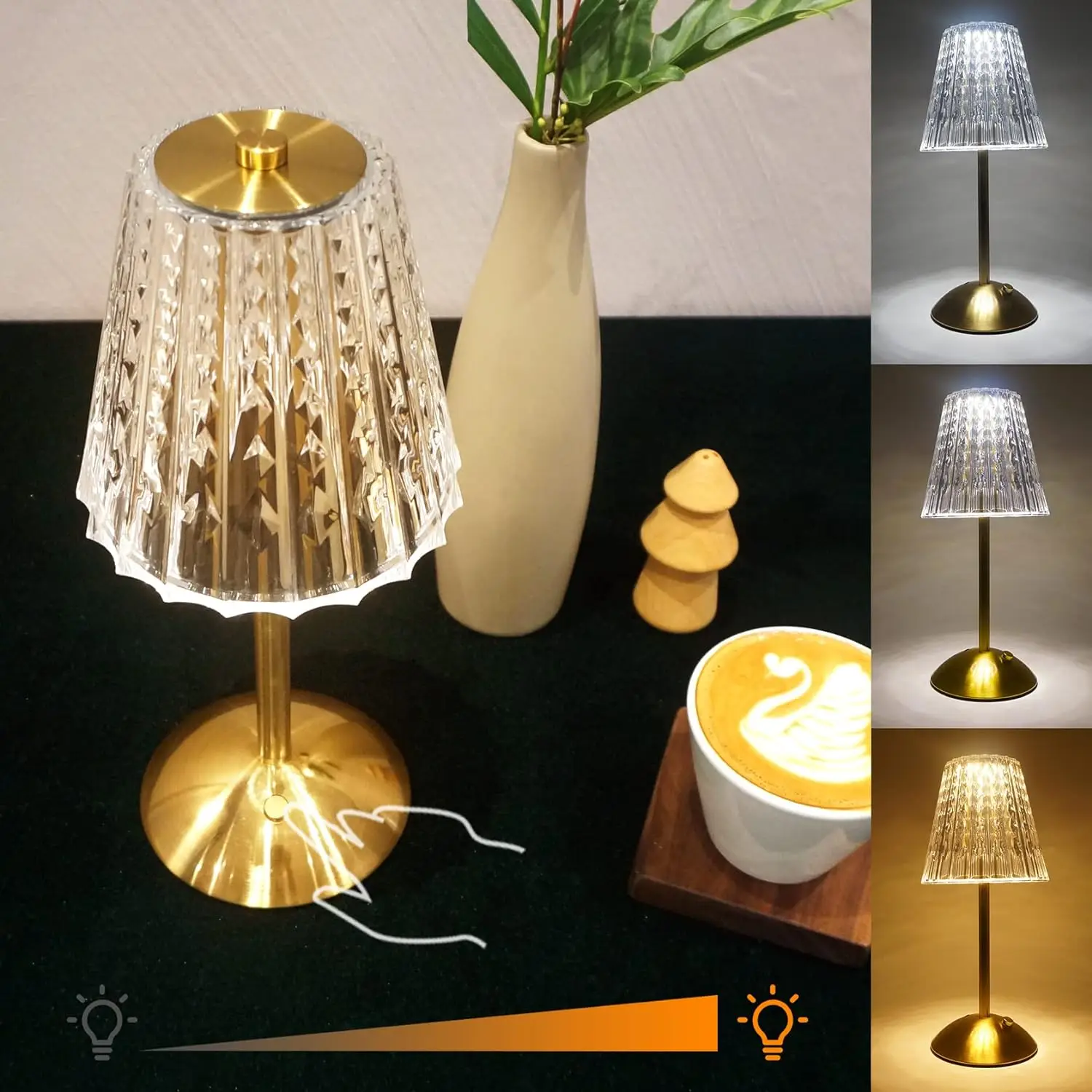 

Cordless table lamp Rechargeable battery powered light 3 color modes and stepless dimmable LED touch light Portable crystal gold