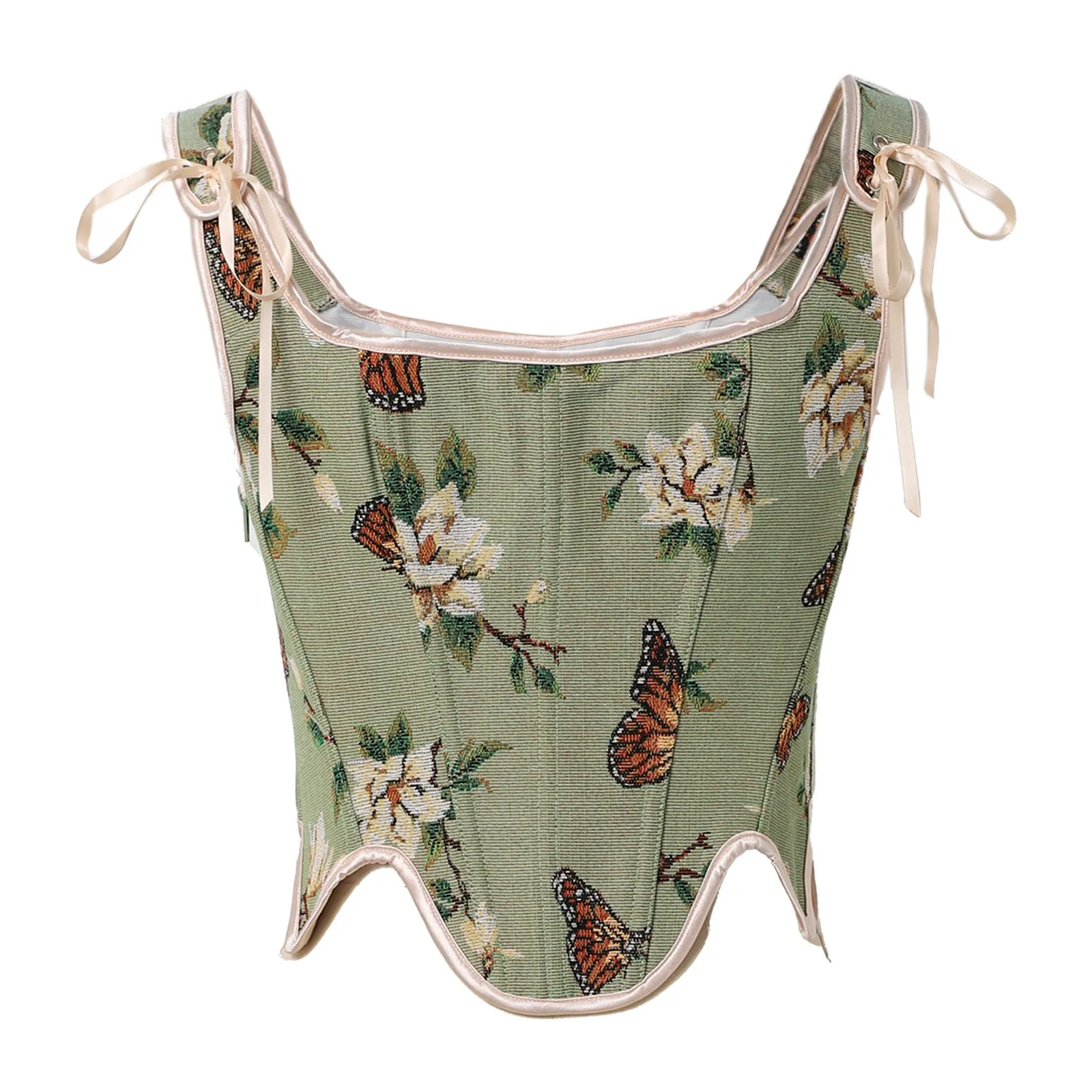 Sexy Floral Print Women Crop Tops Summer Fashion Bow Decorate Corset Brust French StyleVintage Fishbone Irregular Lingereis Tops