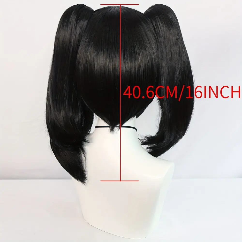 Perucas cosplay perucas de cabelo liso sintético preto de 16 polegadas com rabo de cavalo duplo