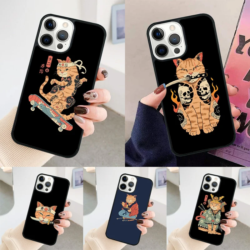 Ukiyo-e Samurai Cat Neko Ramen phone case Cover For iPhone 14 15 16 Pro Max SE coque For apple 11 12 13 Pro Max 7 8 Plus