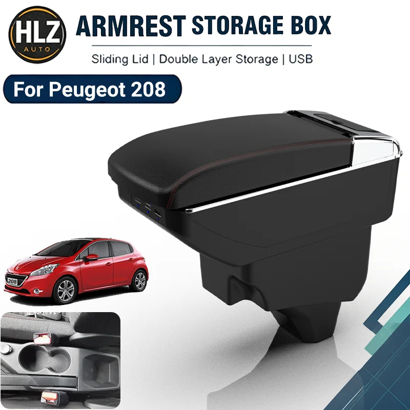 For Peugeot 208 / 2008 Car Armrest Box Center Console Storage with Cup Holder No Drilling Car Retrofit Part